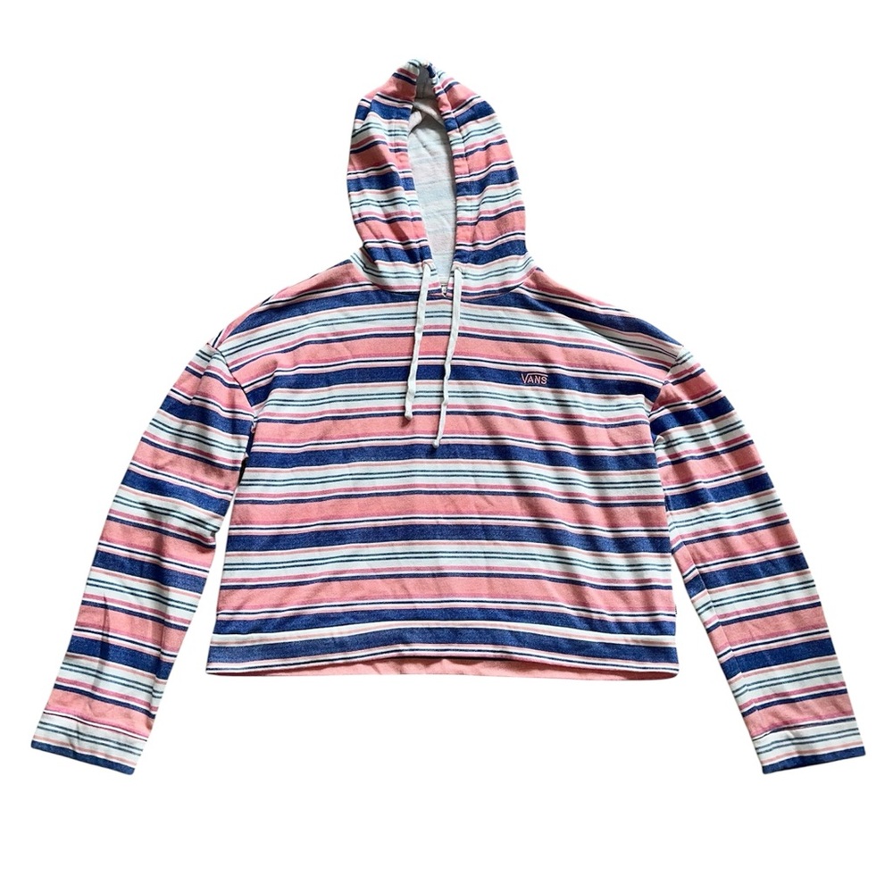 Women’s Vans Sweatshirt Large Striped Pastel Hood Pink Blue Soft Athletic